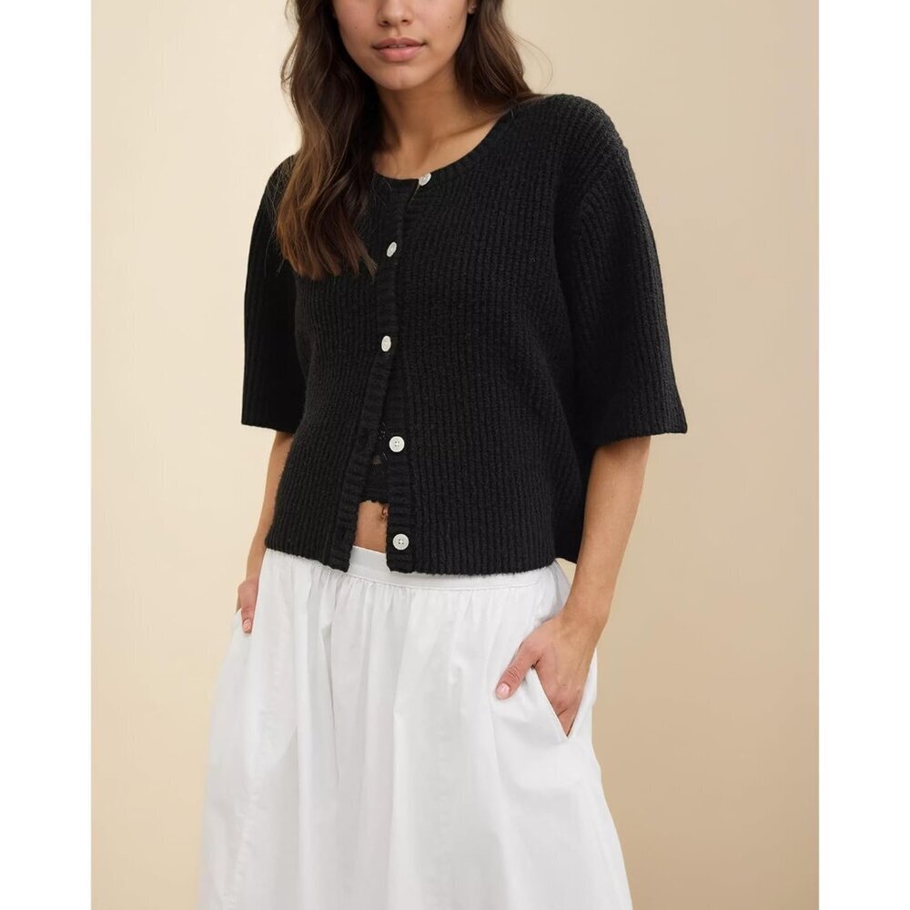 Women's Lightweight Cotton Short Sleeve Cardigan Crewneck Button Casual Top - Picture 4 of 5